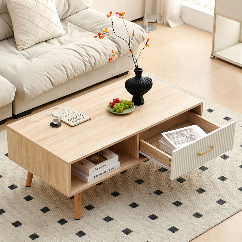 Table basse rectangulaire avec pieds en bois massif, tiroir coulissant pour le rangement, table moderne pour le salon, couleur bois naturel