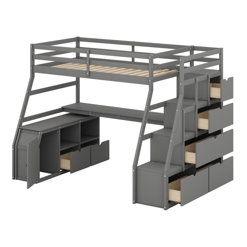 Lit mezzanine avec tiroirs, tablettes et bureau, Lit simple, gris
