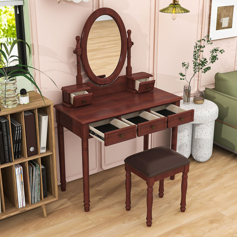 Vanity Makeup Desk with Adjustable Angle Mirror, 5 Drawers and Stool, Walnut