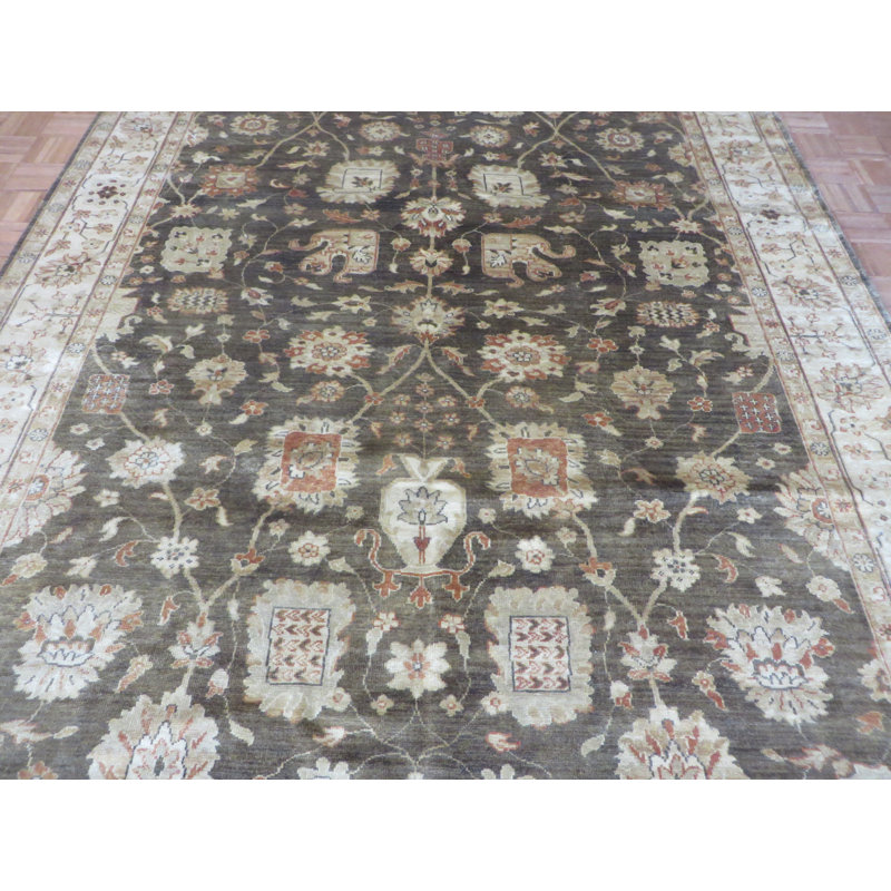 Tapis de zone en laine vert noué la 8 pi x 9 pi 9 po one-of-kind Beaumont