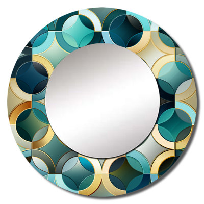 Teal And Golden Modern Geometric Tiles - Geometric  Decorative Wall Mirror, Gold Round Mirror, Printed Metal Art