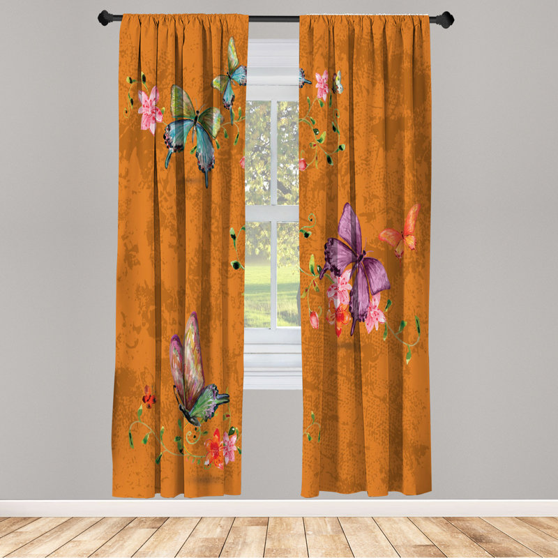 Microfiber Floral Semi-Sheer Rod Pocket Curtain Panels, 28" W x 63" L, Orange/Violet