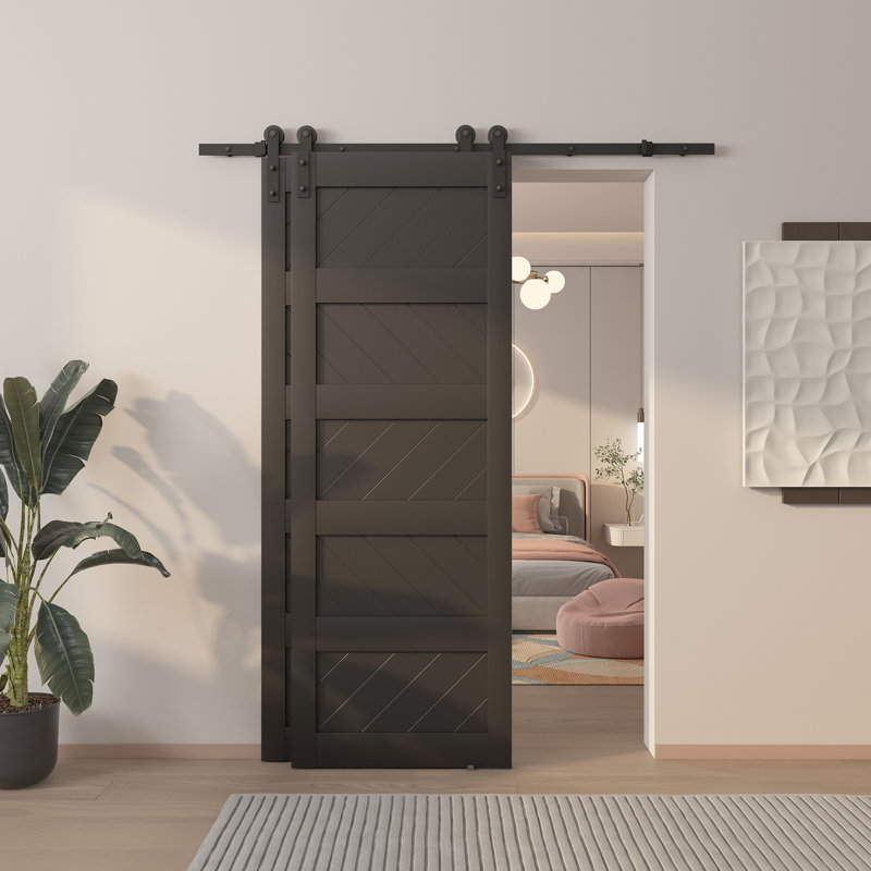 Portes de grange doubles en bois manufacturé avec panneaux de vagues, 60 po x 84 po, Black