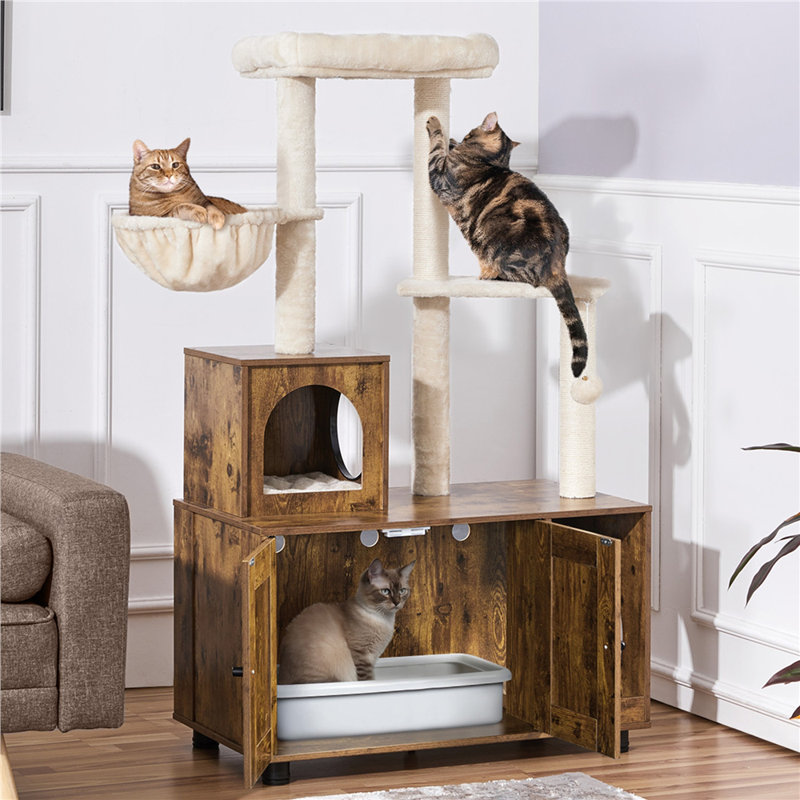 Rustic Brown Cat Tree Tower with Litter Box Enclosure
