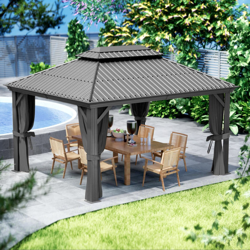 Kozyard Alexander Gray Double Roof Hardtop Gazebo with Privacy Curtain Mosquito Netting, 14 (ft) x 12 (ft)