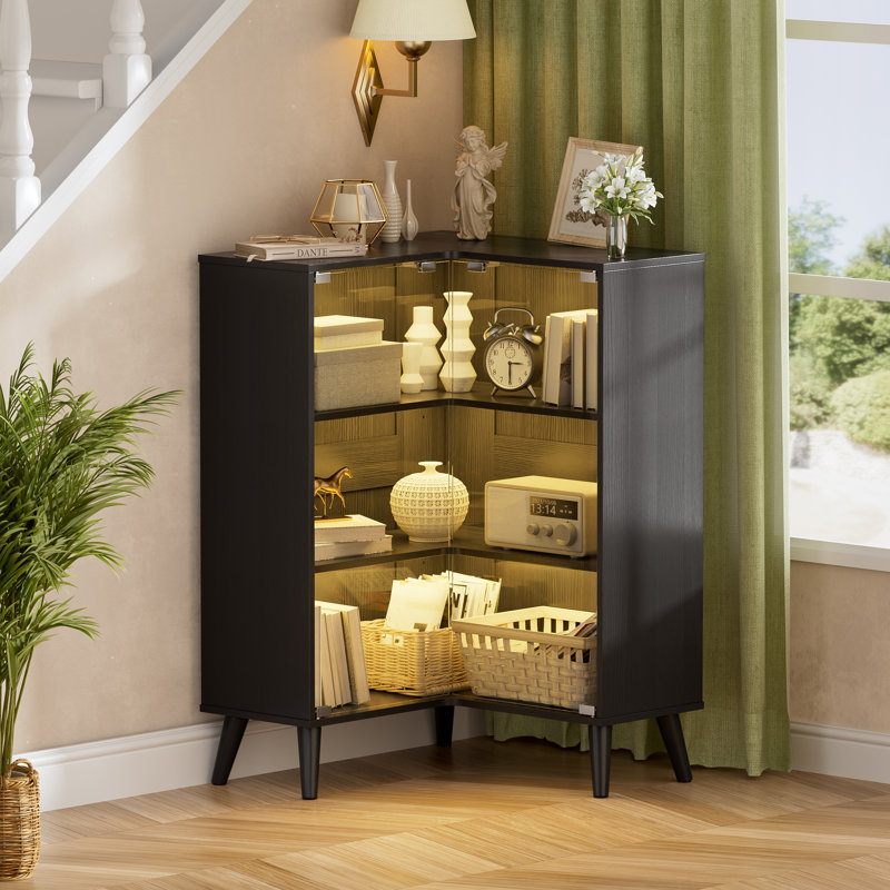 L-shaped Corner Display Case With Tempered Glass Doors, Led Lighted Curio Cabinet With Adjustable Shelves For Collectibles 