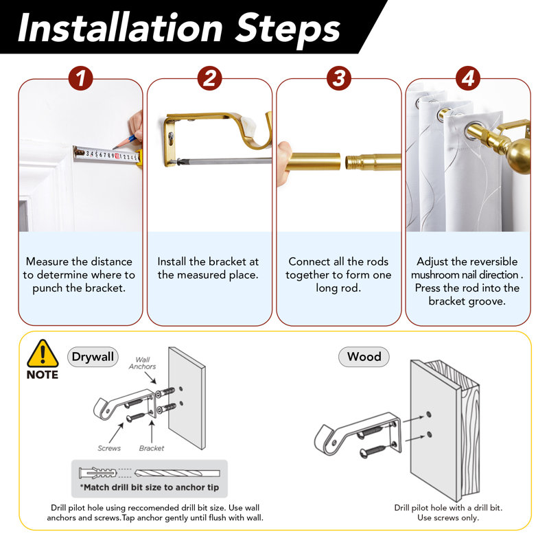 Tringle à rideau décorative robuste de 1 pouce de diamètre facile à installer, Doré, 30" - 48"