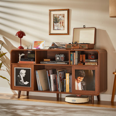Grand support pour tourne-disque de 56,1 po, meuble de rangement pour disque avec station de charge, support pour lecteur de vinyle de style Mid-Century, tablette réglable, meuble multimédia avec portes coulissantes pour la musique et le salon, noyer