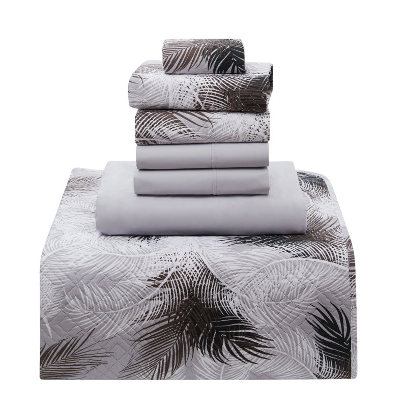 Gray Palm Leaf Microfiber Queen Bedspread Set