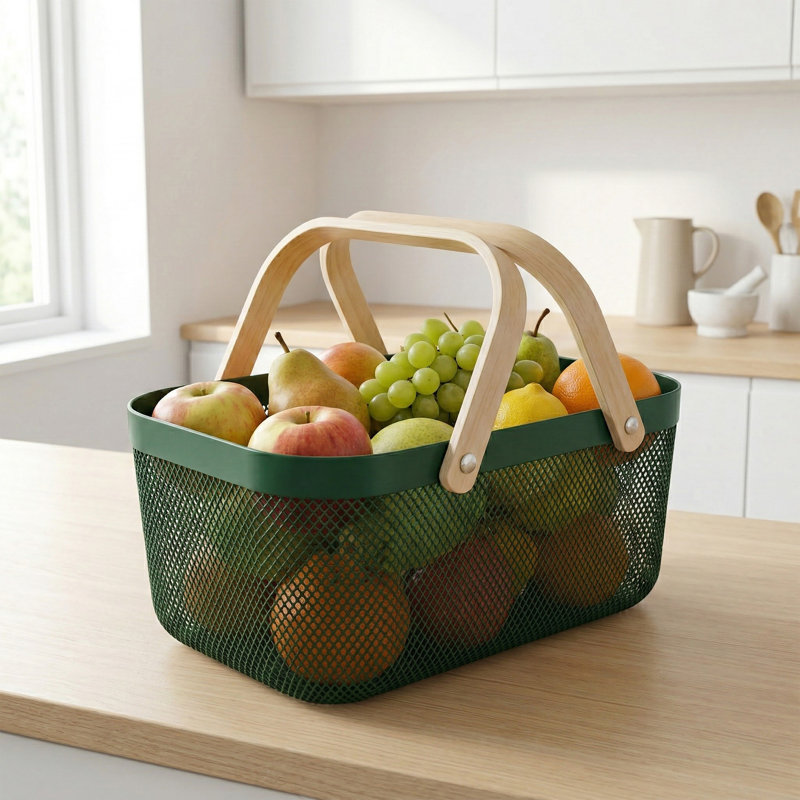  Grand panier de rangement en plastique avec poignée en bois Forest, Green