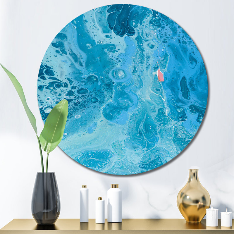Turquoise, vagues de marbre fluides - cercle moderne en métal, art mural, H 29 po x l 29 po x P 1 po