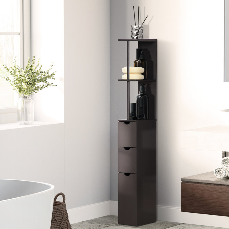 Armoire de rangement pour salle de bain de 54 po de hauteur, tour à linge autoportante avec 2 tablettes et tiroirs, unité étroite peu encombrante, organisateur brun à 2 tablettes,