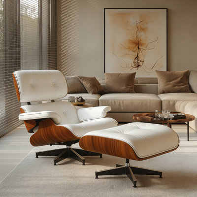 Genuine Leather Swivel Lounge Chair With Ottoman