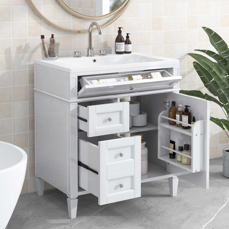 Modern Bathroom Vanity With Top Sink, 2 Drawers And A Tip-Out Drawer, White