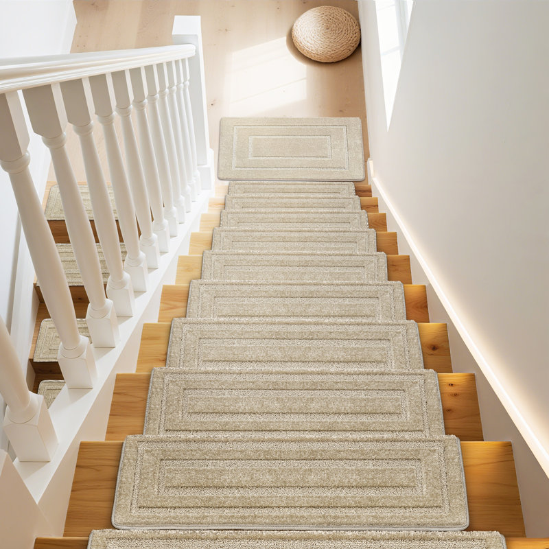 Ensemble de tapis d'escalier géométriques bullnosés antidérapants avec tapis de réception, Rectangle gris crème