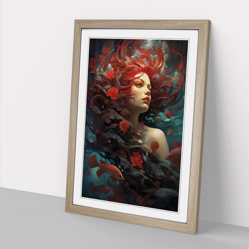 Mermaid Symbolism - Single Picture Frame Print on Wood, 34cm H x 25cm W x 2cm D, Oak Framed