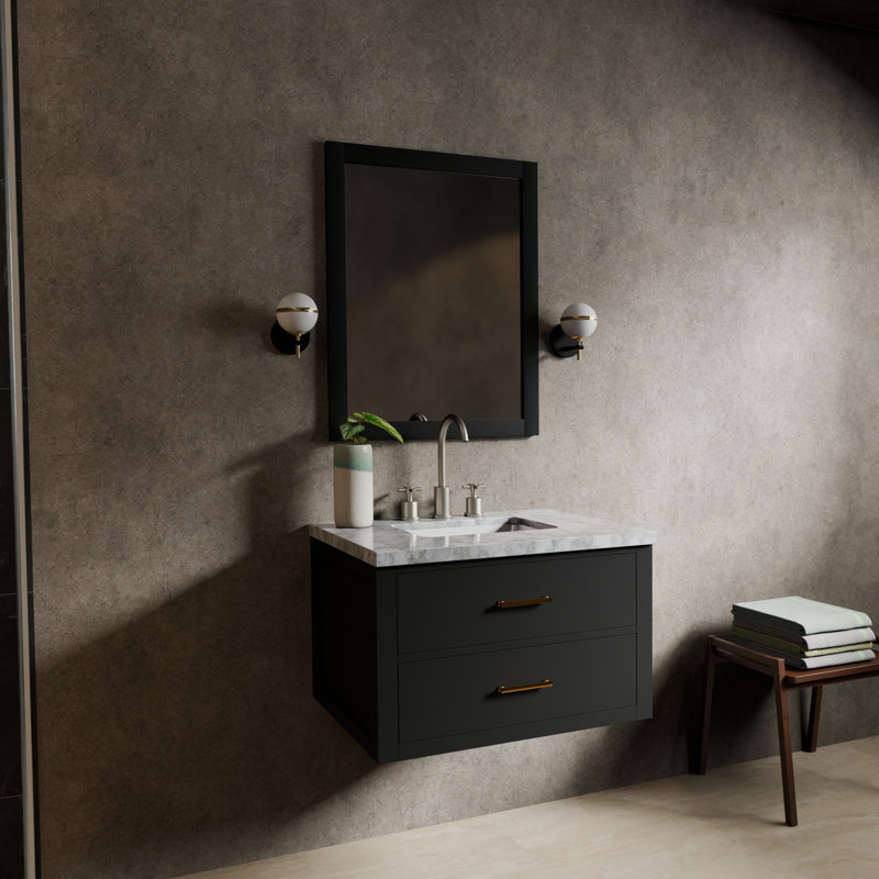 Ensemble de meuble-lavabo simple l 30 po x P 22 po, miroir 28 po et robinet chromé Castor, Noir, Marbre de Carrare blanc