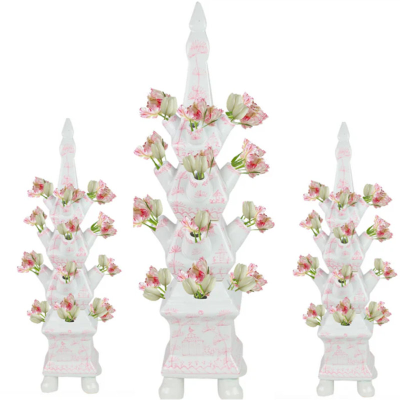 Village Scene Pale Pink And White Tulipiere Medium, 22" H x 4" W x 4" D