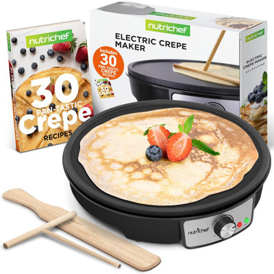 Nutrichef Electric Crepe Maker Pan & Griddle, 12 Inch Nonstick Cooktop, LED Indicators & Adjustable Temperature Control, Includes Spatula, Batter Spreader, Cooks Crepes, Roti & Pancakes