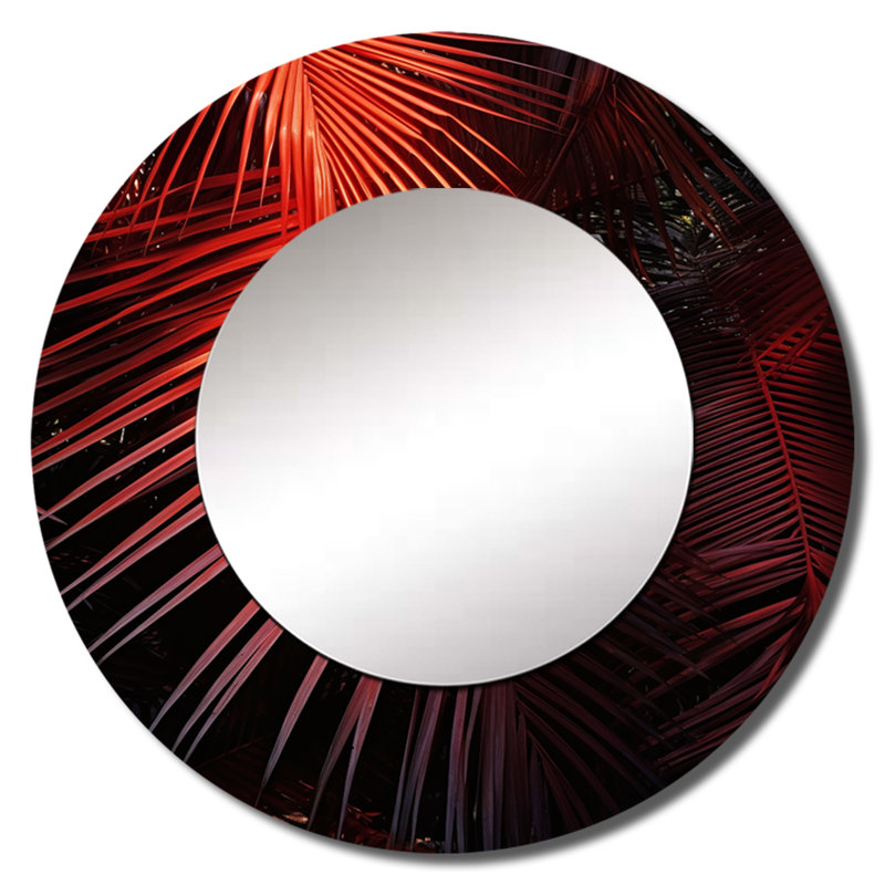 Monochromes rouges, photo I - palmiers, décoration murale unique en miroir, grand miroir rond traditionnel, impression d'art en métal