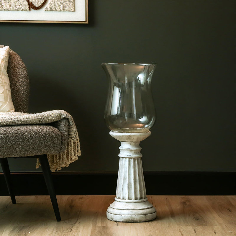 Dianella Antique White Natural Stone Hurricane Candle Holder, Glass Tabletop Candlestick Holders