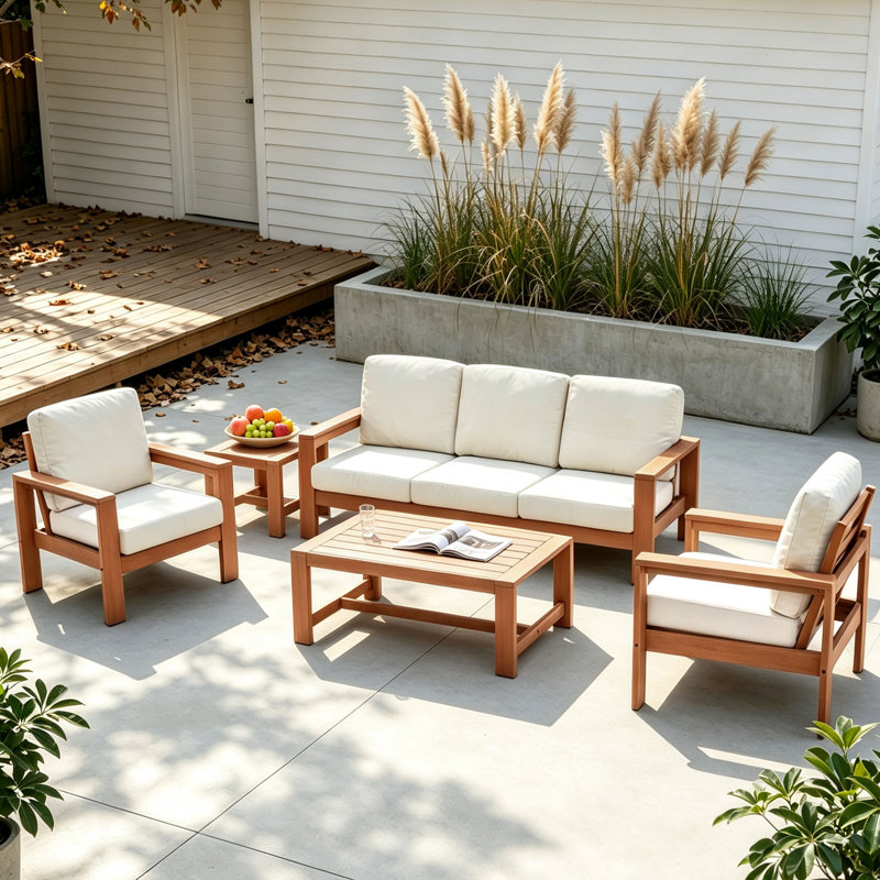 Madrid Wood 5 - Person Patio Conversation Set with Cushions