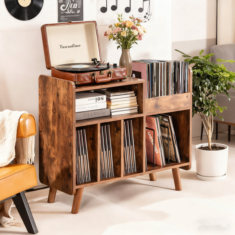 Grande armoire pour tourne-disque avec rangement ouvert en vinyle, console média, Brun rustique