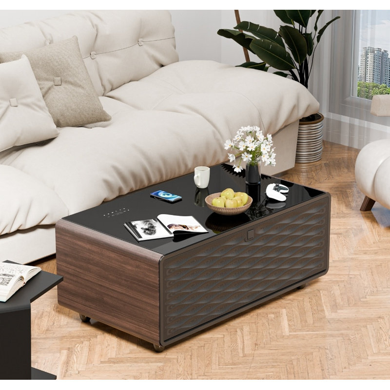 Modern Smart Coffee Table with Built-in Fridge & Freezer Drawers, Bluetooth Speaker, Wireless Charging, Touch Control, USB Port & Power Outlet, LED Atmosphere Light