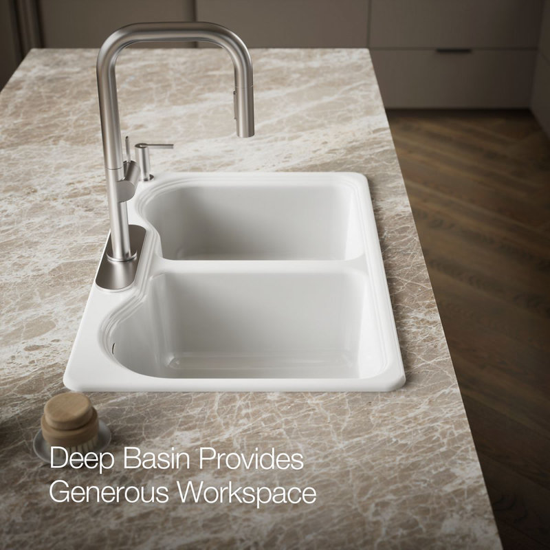 Hartland 33" L x 22" W x 9-5/8" Double Basin Drop-In Kitchen Sink, 4 Hole, White
