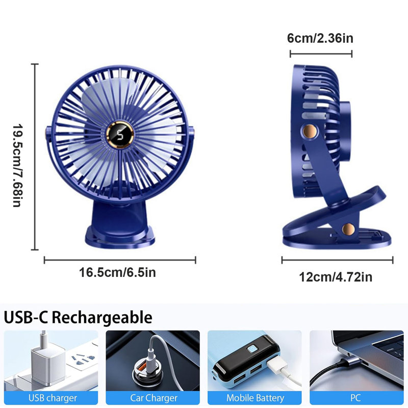 Ventilateur de bureau à pince avec lumières et ventilateur USB portatif à 5 niveaux, Noir, noir, noir, noir