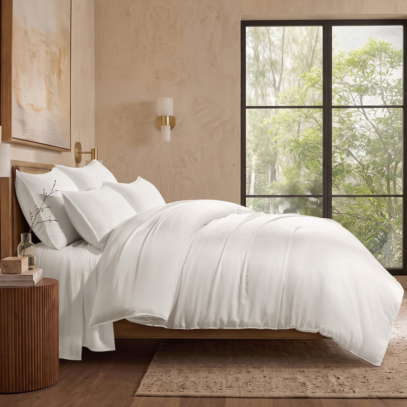 Ensemble de housse de couette en satin de coton EverGrace Tencel, Très grand (108 po x 92 po), Blanc brillant