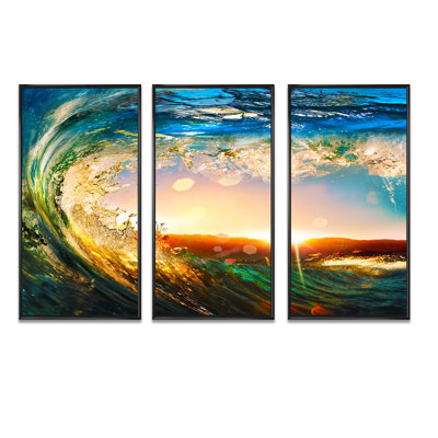 Colored Ocean Waves Falling Down - 3 pièces, reproduction sur toile