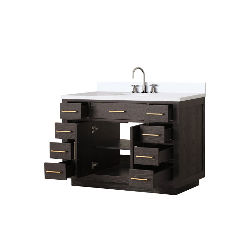 Meuble-lavabo simple en chêne 48 po X P 22 po D, plateau en quartz blanc et ensemble de robinet, Brun, Doré