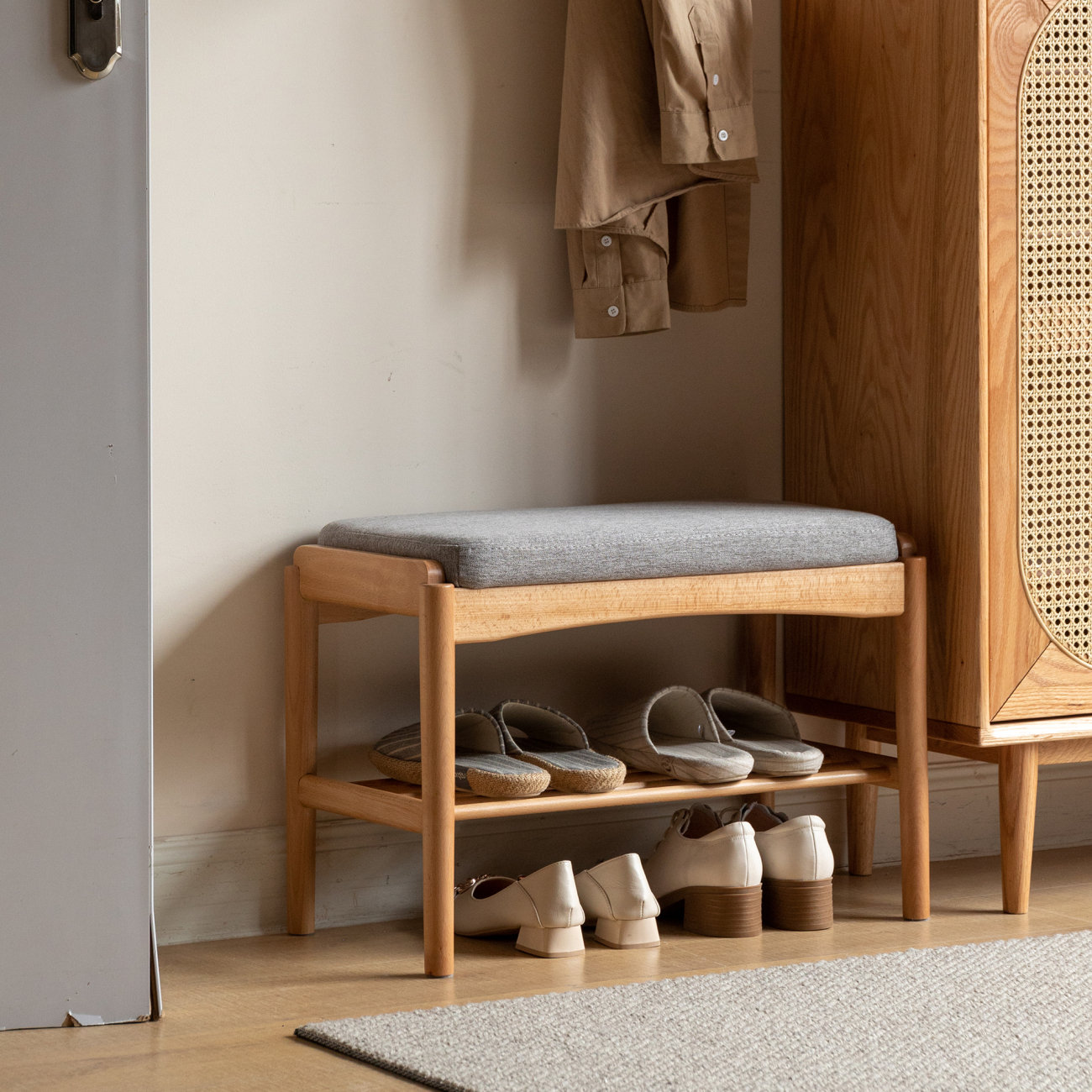 George Oliver (Beige) Natural Solid Wood Shoe Bench, Mid-Century