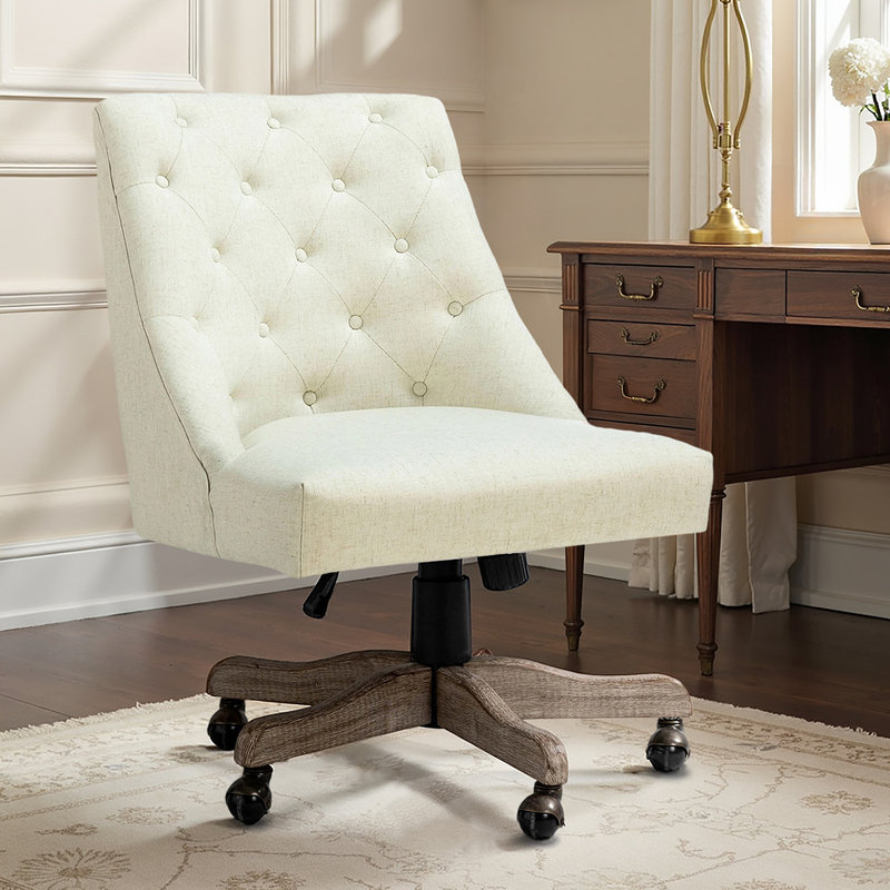 Jovita 38.5"H Farmhouse Tilting Task Chair with Solid Wood Base and Button-Tufted, Ivory