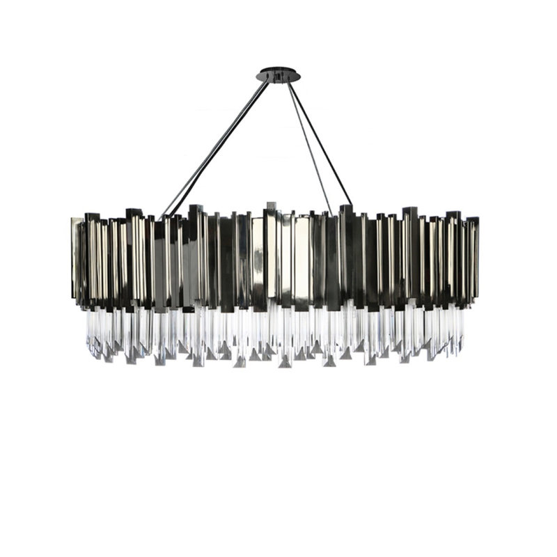 Lustre linéaire ovale moderne avec accents Crytal Empire, Transparent, 57” Length x 18” Width x 19” Height, Nickel noir