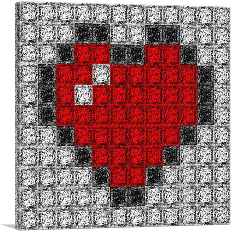 «Red Love Heart Jewel Pixel», impression sur toile tendue, H 18 po x l 18 po x 1,5 po