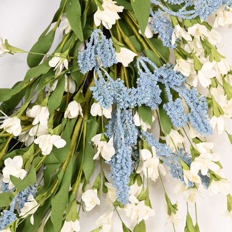 Couronne de porte artificielle 24 po printemps été fleur de grappe, Bleu