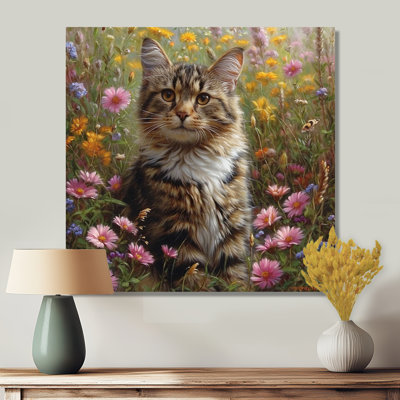 Cute Tiger Cat In Flower Field - Cat Wall Art Print