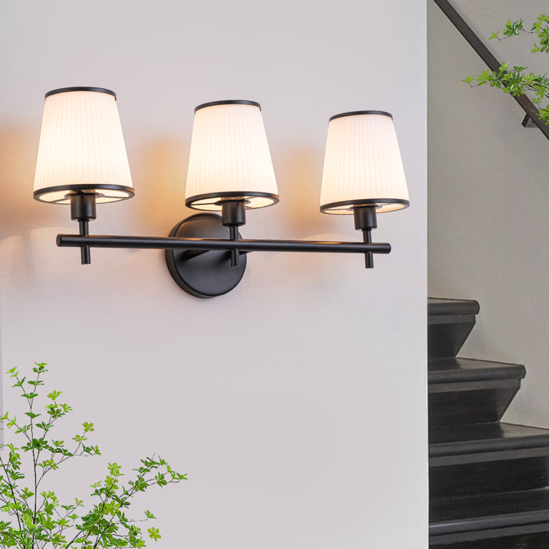Modern 3-Light Armed Wall Sconce with Ribbed Glass Shades in Matte Black - 22.24" W Hardwired Dimmable Hallway Light for Entryway Living Room Bedroom