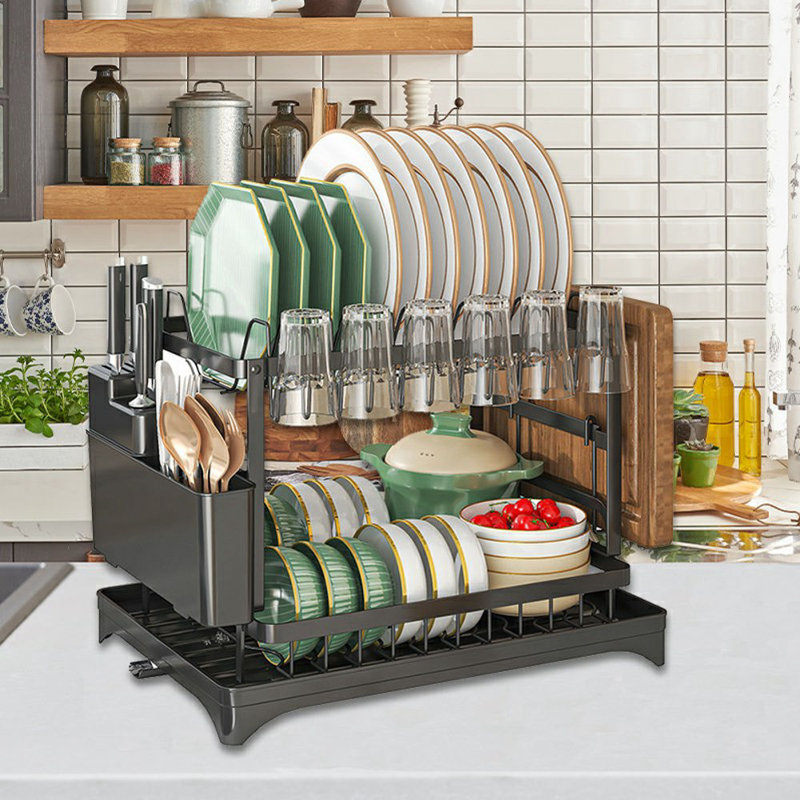 2-Tier Dish Drainer Sink Rack With Drip Tray Space-Saving Drying Plate Rack With Cutlery And Cup Holders For Kitchen , White