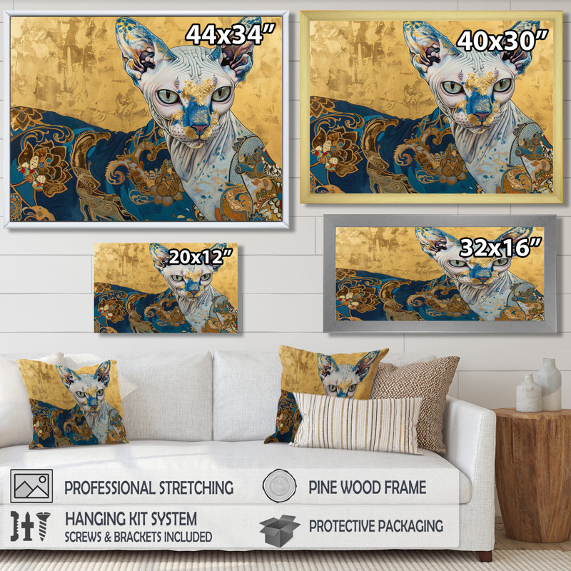 Chat asiatique, grâce dorée - art mural chat, Toile avec cadre brun, H 24 po x l 32 po x P 1 po