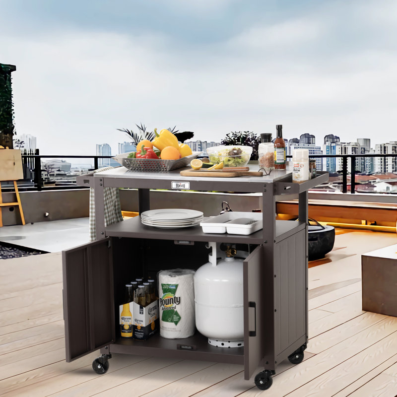 Brown Outdoor Grill Cart with Stainless Steel Tabletop and Storage Cabinet
