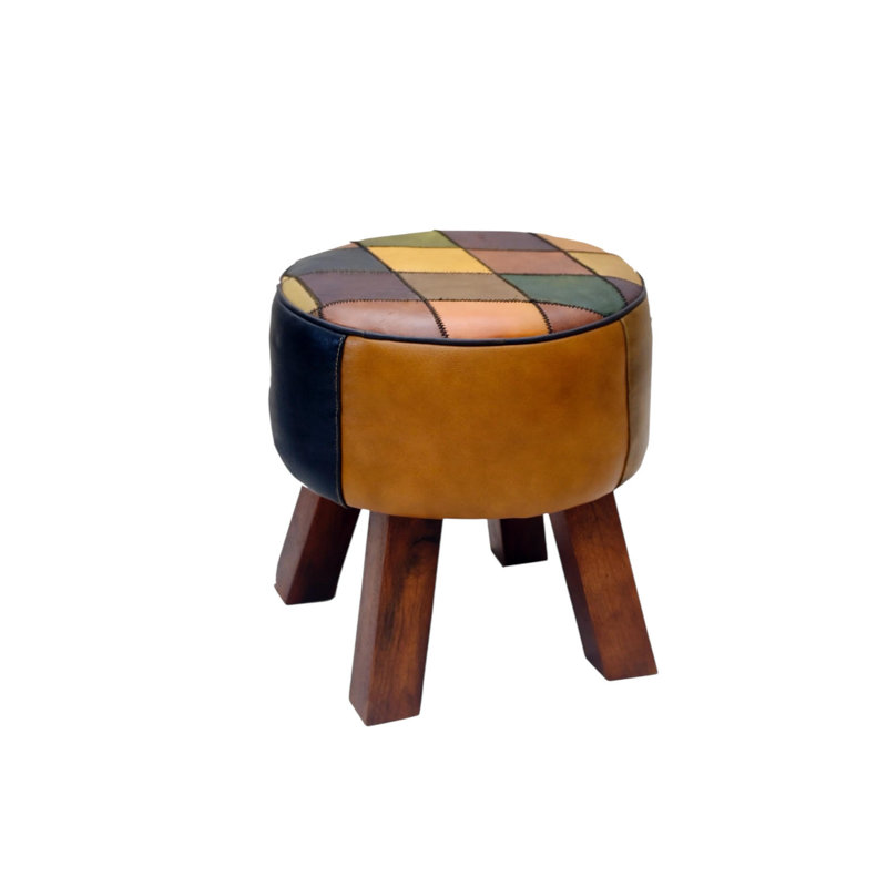 Leather Round Footstool Patchwork Design Stylish Ottoman Seat | Footrest Decorative Accent for Living Room Bedroom or Dining