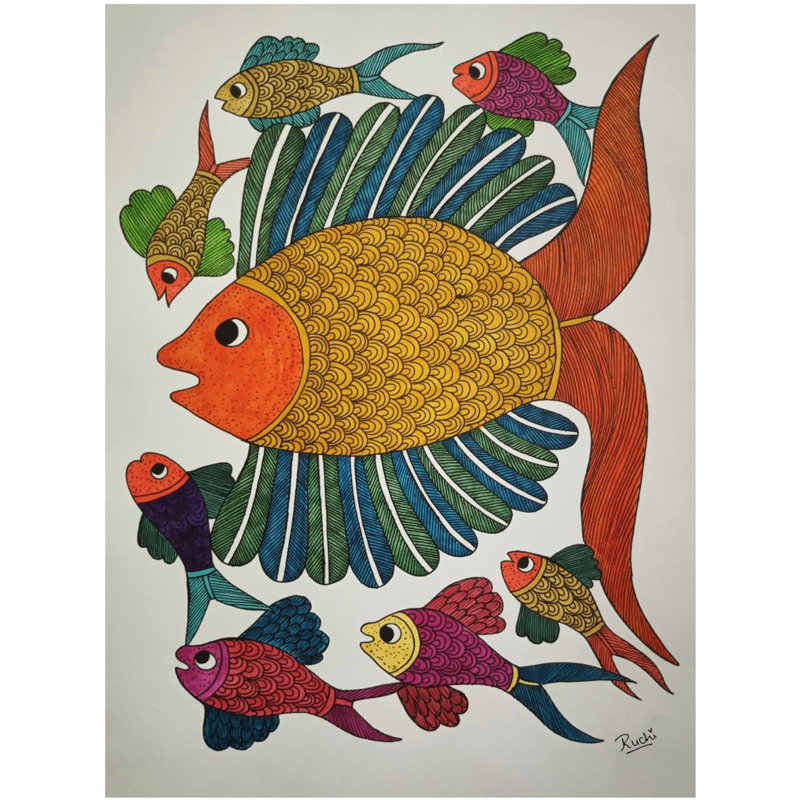 «Fish Family Gond Art», marqueurs à alcool et fineliners, peinture sur papier par Ruchi - art mural tribal indien aquatique pour décoration de cuisine Boho