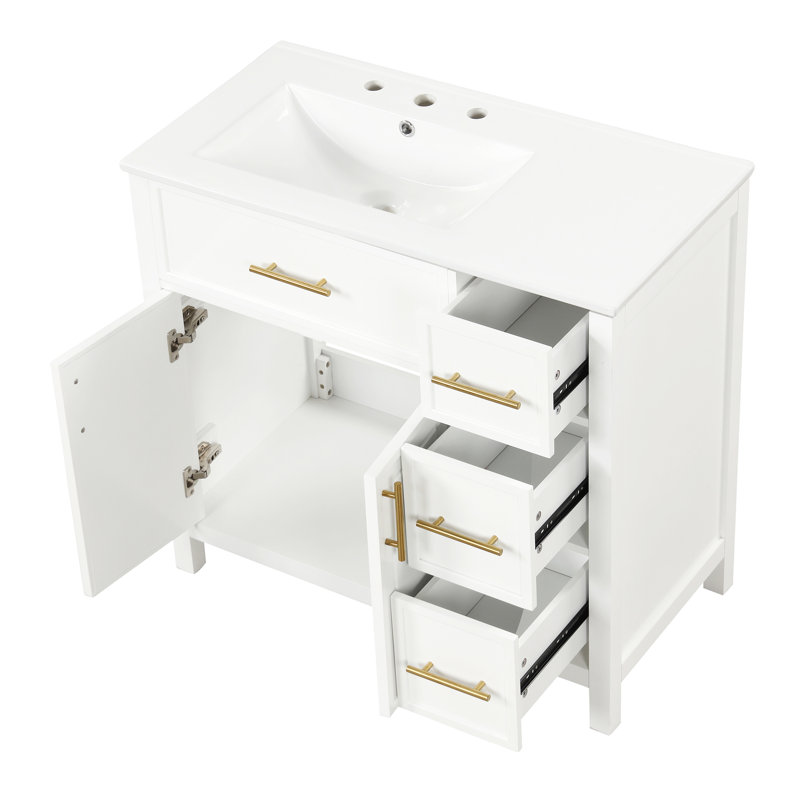 36" White Bathroom Vanity With Sink, Solid Wood & , 2 Doors Cabinet, 3 Drawers, Stable Modern 36", Left Doors,