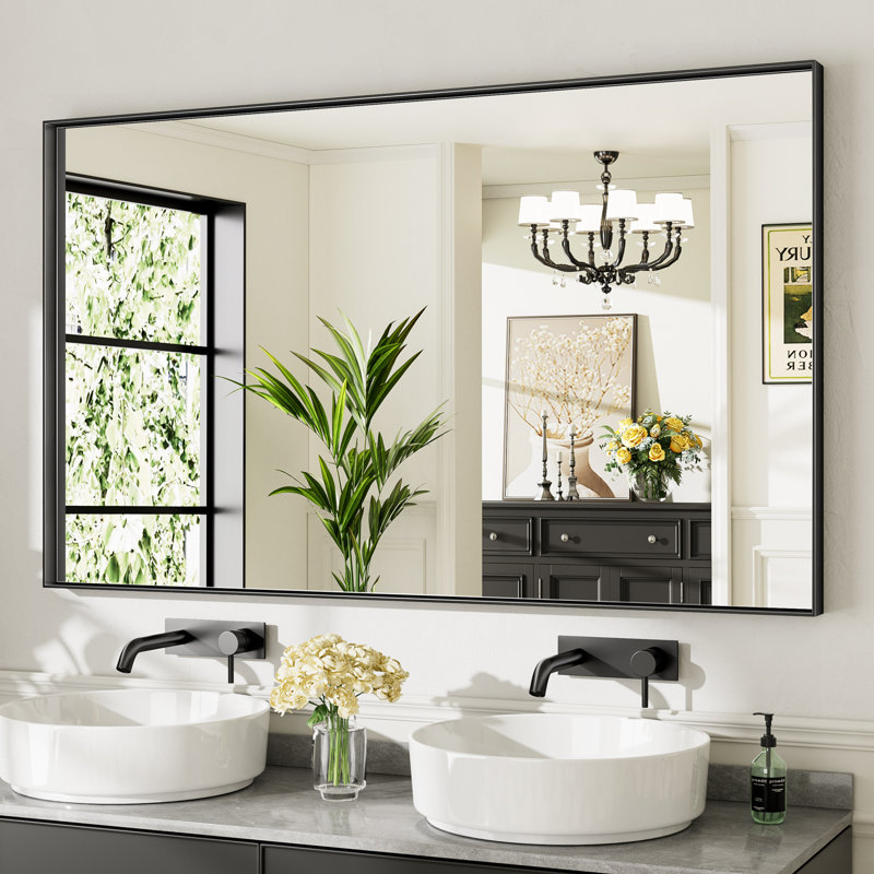 Miroirs de salle de bain rectangulaires / carrés modernes et contemporains en aluminium noir mat avec verre trempé HD