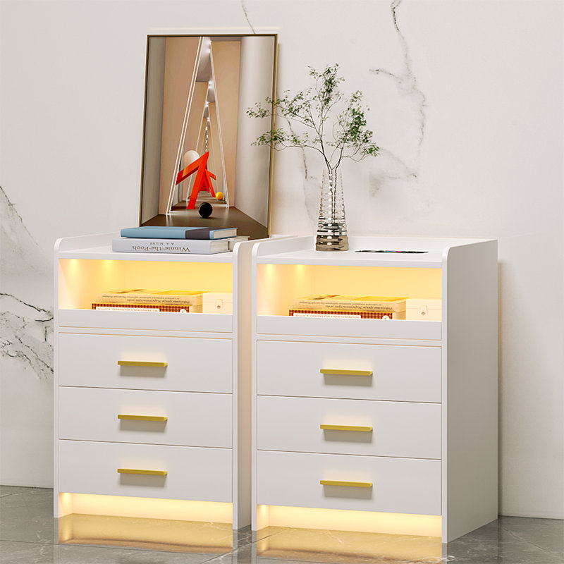 Table de chevet 3 tiroirs avec éclairage (ensemble de 2), Blanc