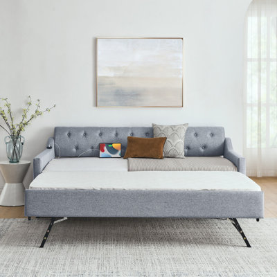 Twin Size Upholstery Daybed With Twin Size Erectable Trundle And Usb Charging Design, Day Bed