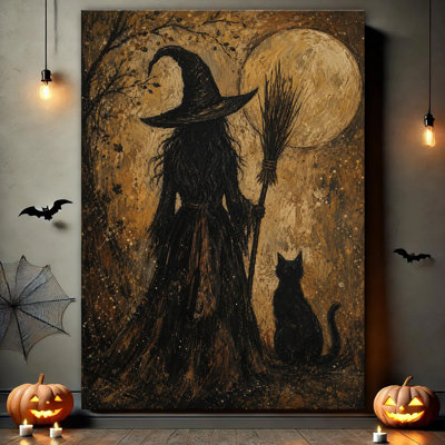 Antique Style Witch With Broom Beside Black Cat Under Large Full Moon In Autumn Woods, Halloween Canvas Wall Art